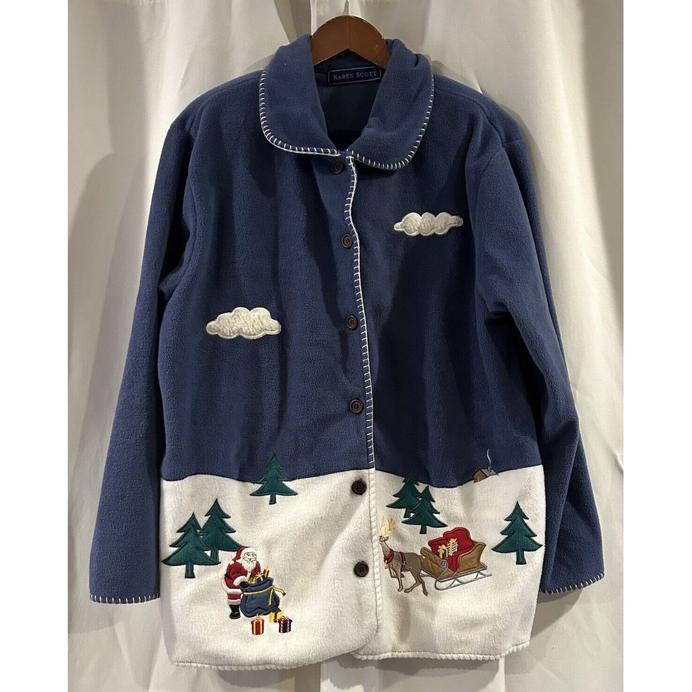 Christmas Cardigan Fleece Women's L Button Front Shoulder Pads Santa Sleigh